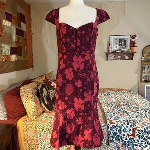 Anthropologie The Cecily Fit and Flare Floral Burgundy and Red Maxi Dress